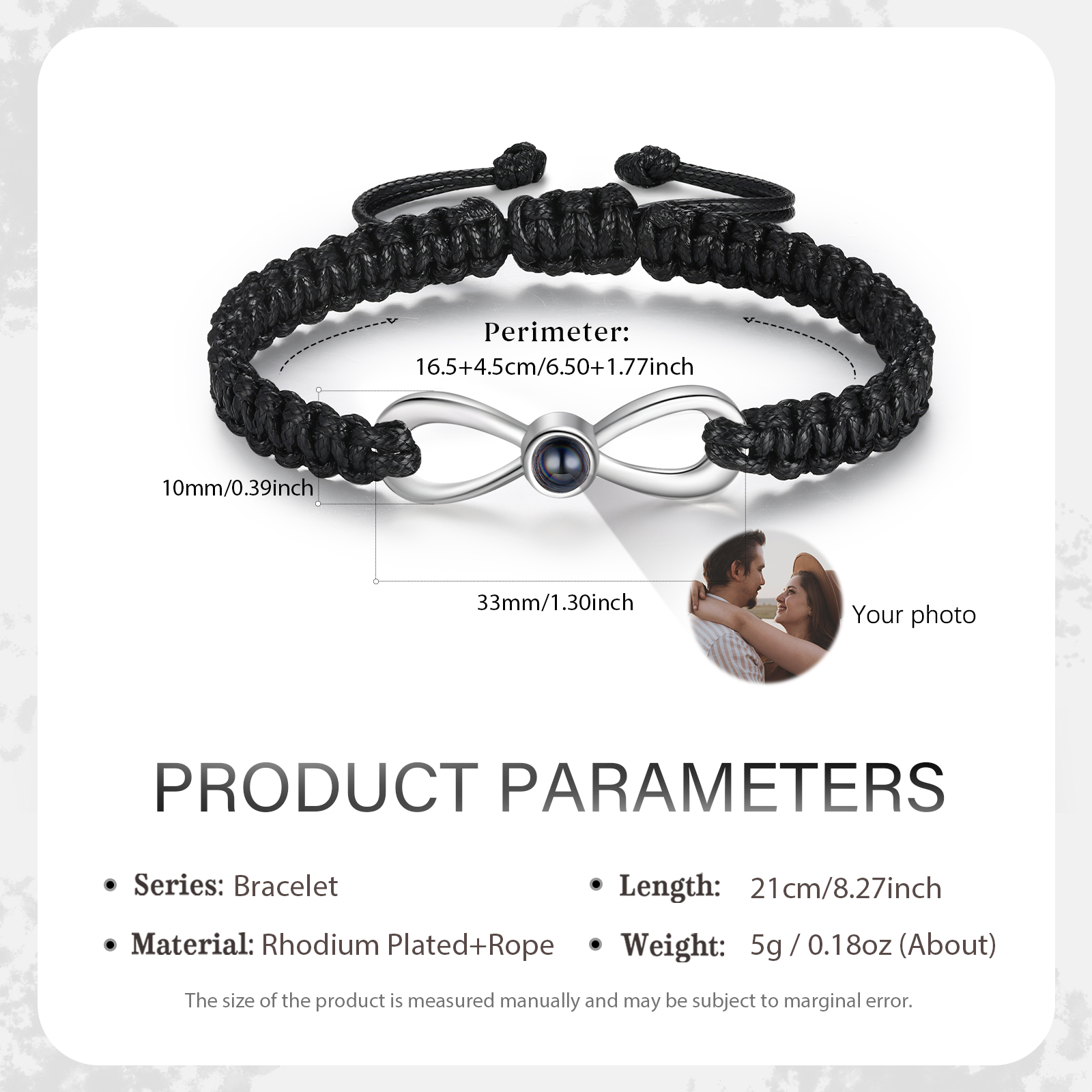 Pulsera con proyección de foto en color con dije de lazo y 3 colores de cuerda ajustable-Jessemade ES