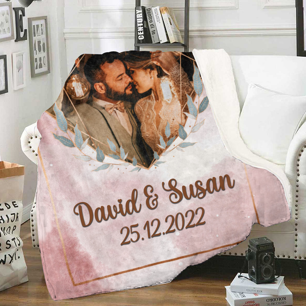Pareja-Manta de buen calidad de corazón de foto personalizada con nombres y fecha-Jessemade ES