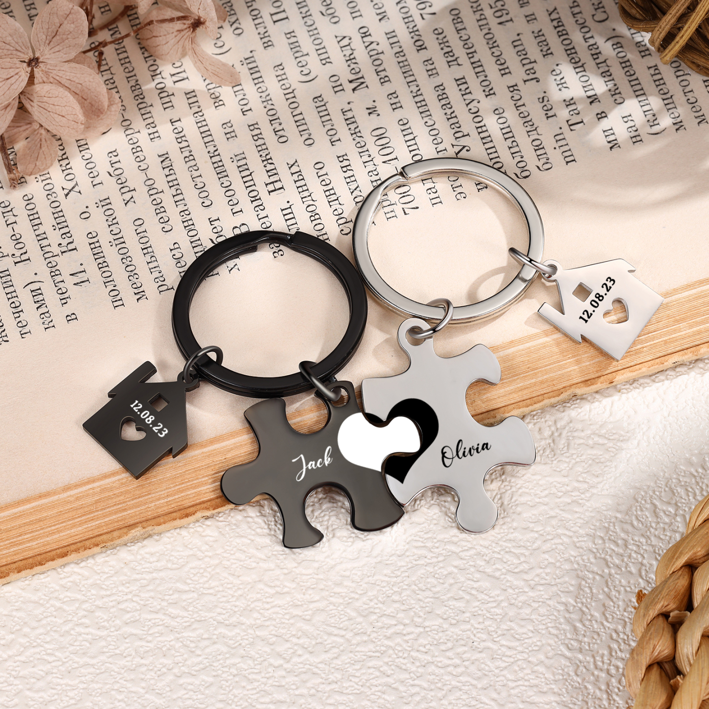 Llavero para pareja rompecabezas 2 nombres personalizados con fecha dije de casa-Jessemade ES
