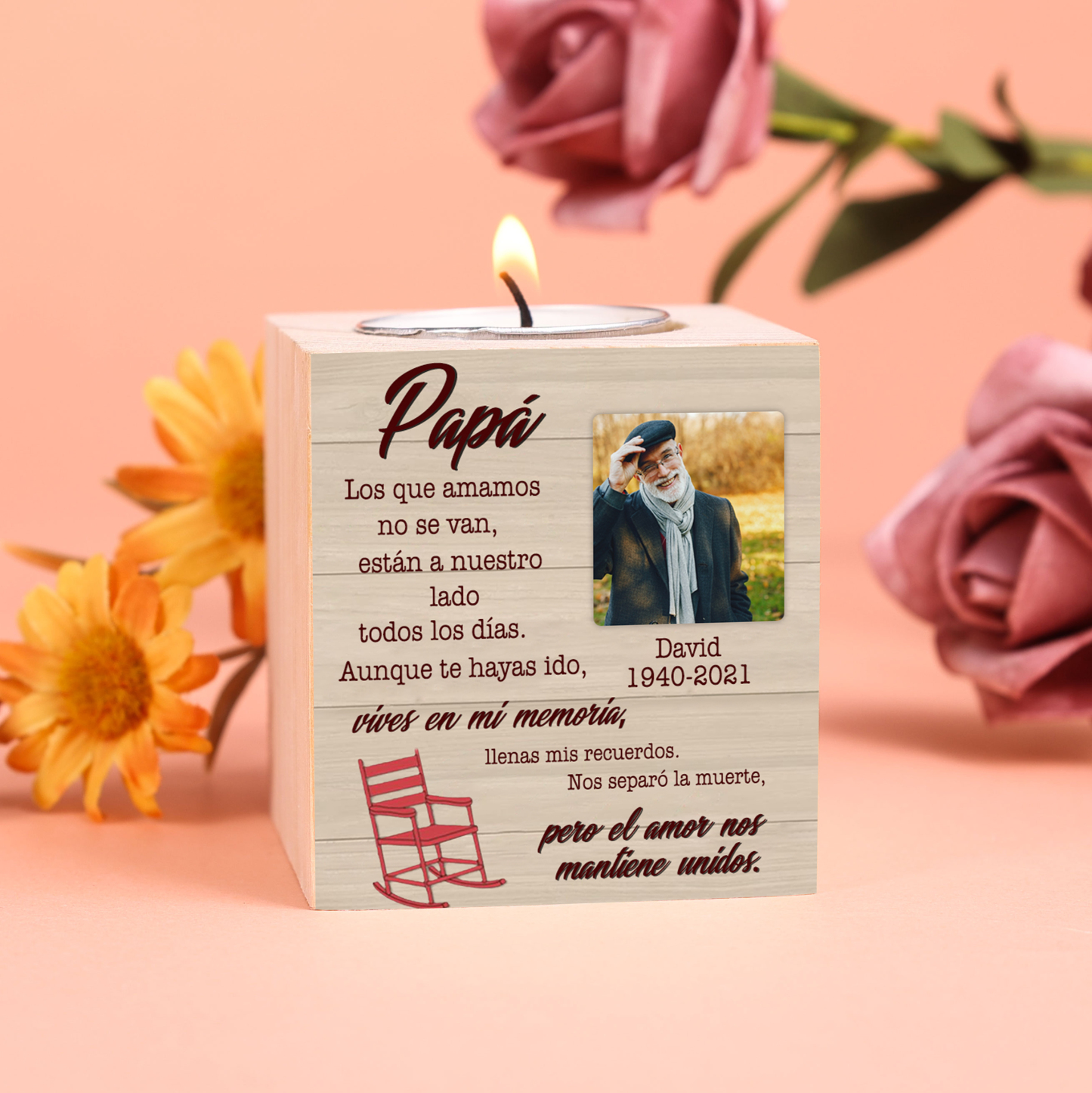 Papá-Candelero en memoria de ser querido personalizado con nombre, foto y años de madera sin vela-Jessemade ES