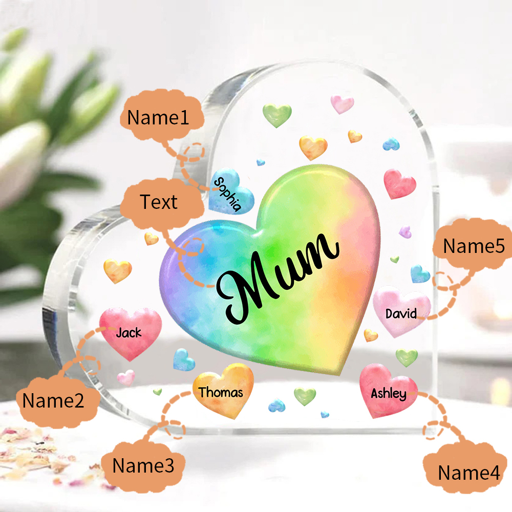 A mi mamá/abuela-Placa de acrílico "Corazones" en forma de corazón 5 nombres y 1 texto personalizados-Jessemade ES