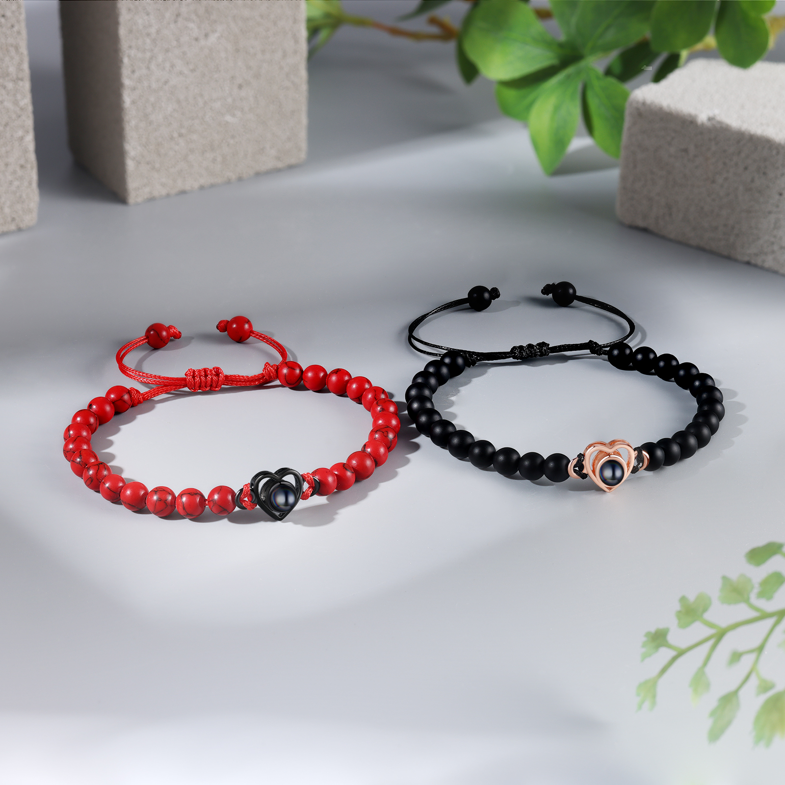 Pulsera de turquesa negra sintética con proyección de foto en color con dije de corazón pulsera ajustable-Jessemade ES