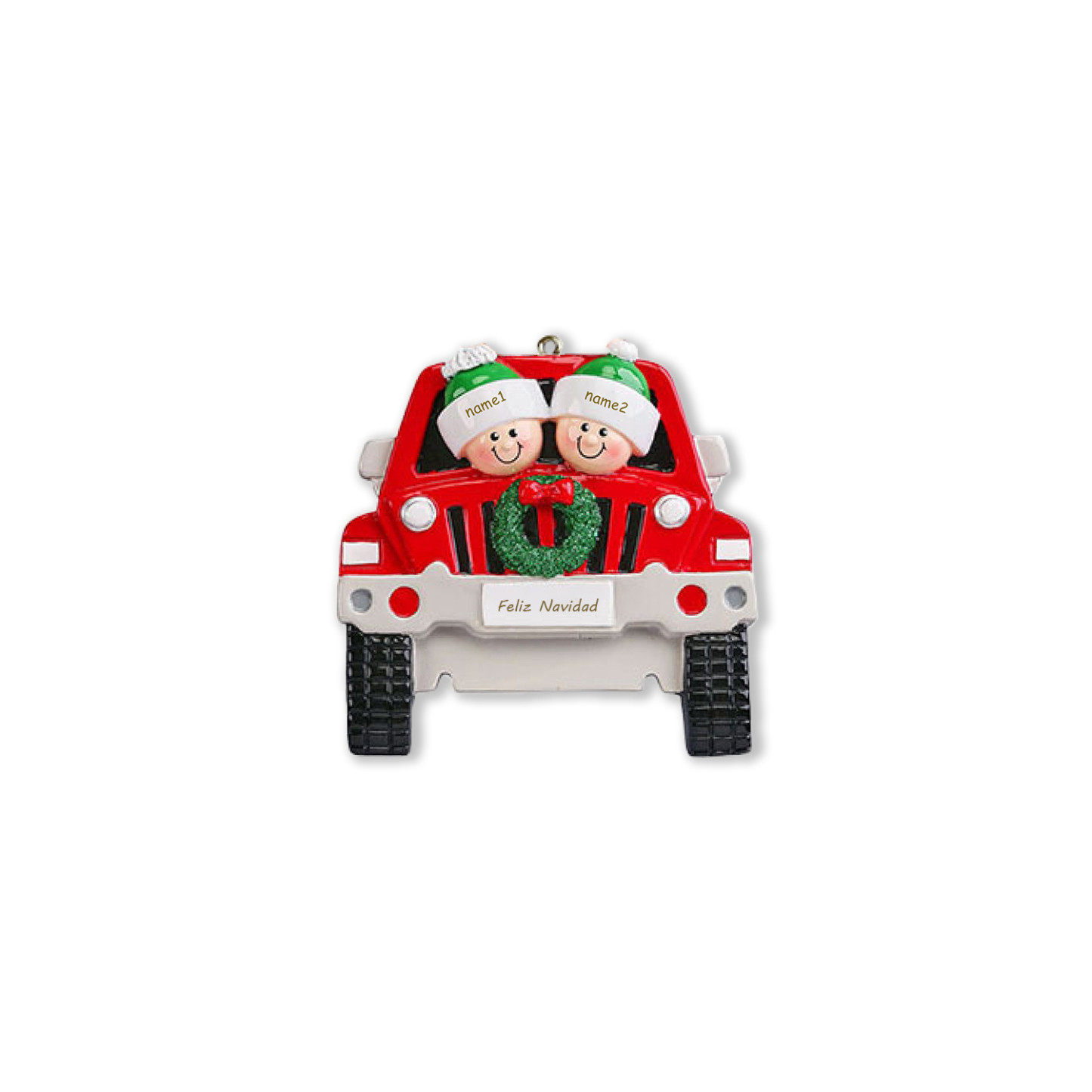 Navidad-Ornamentos con Muñecos Navideños en Coche 2 Nombres con Texto 