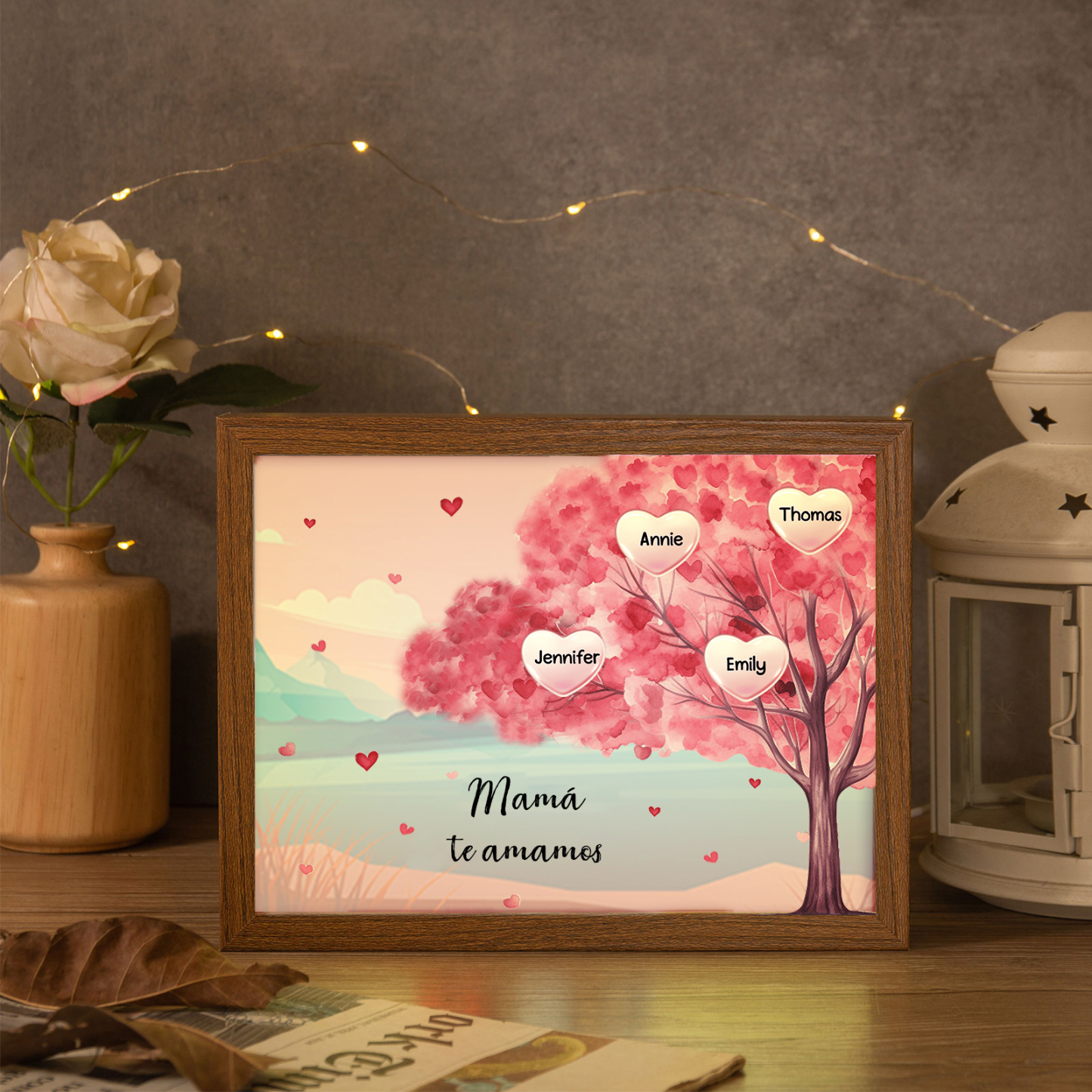 Marco con LED Árbol de la Vida 1-10 Nombres Personalizados con 1 Texto-Jessemade ES