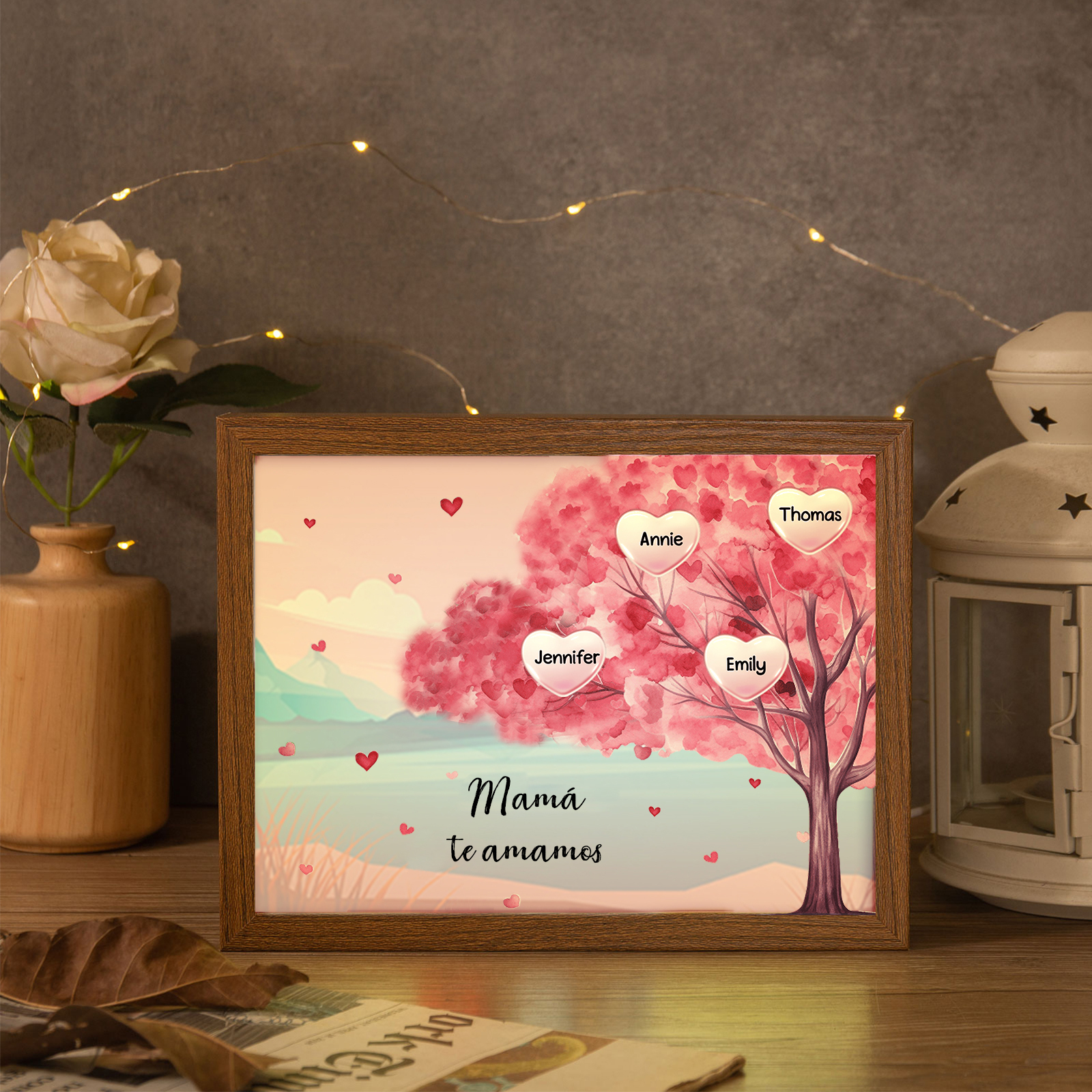 Marco con LED Árbol de la Vida 1-10 Nombres Personalizados con 1 Texto-Jessemade ES