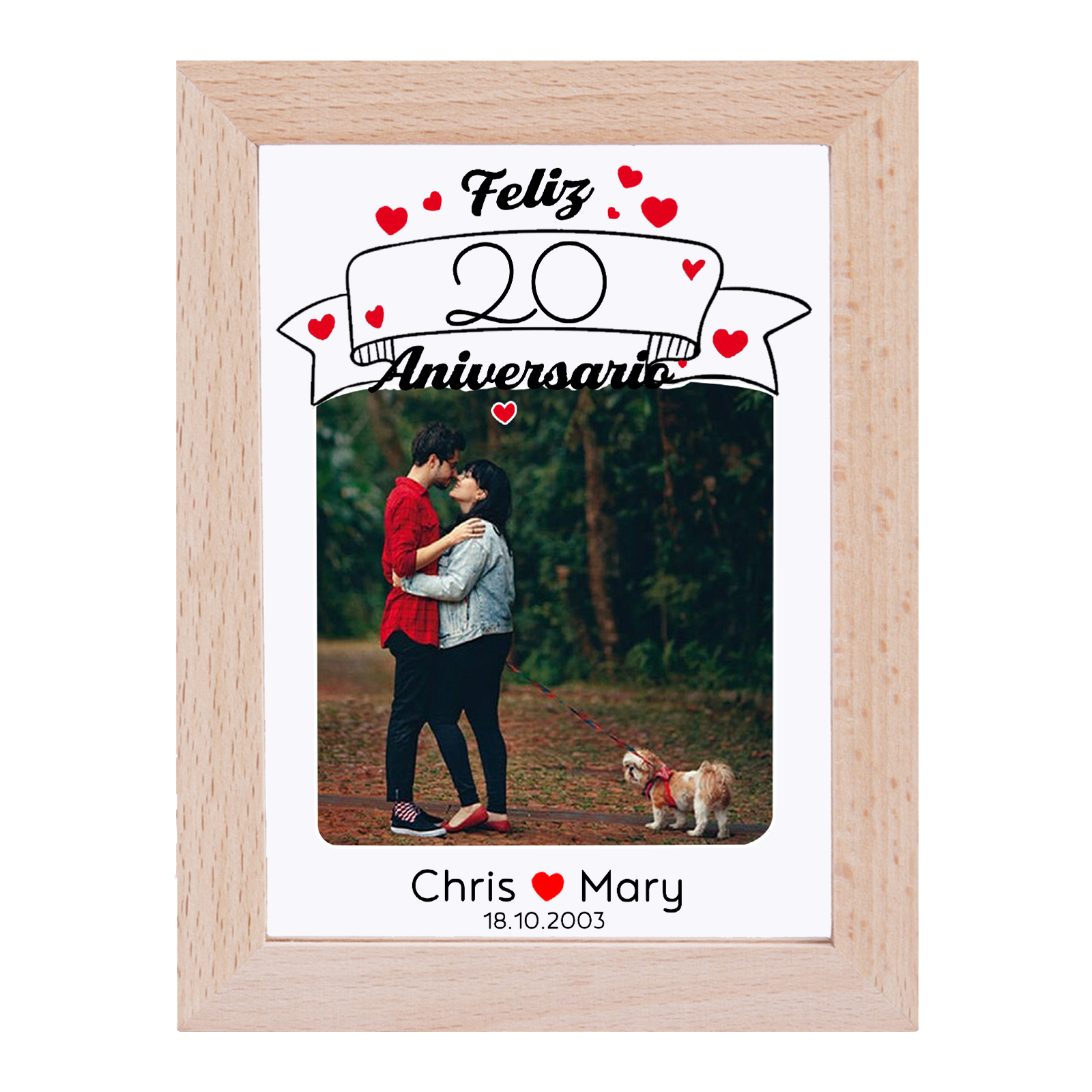 Marco con lámpara aniversario de 1 foto de madera para pareja 2 nombres, fecha y número personalizados-Jessemade ES