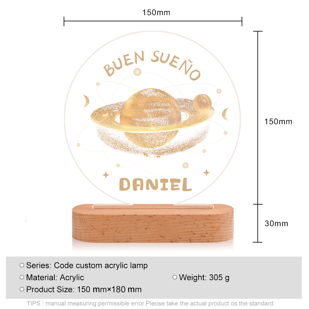 Lámpara Ilusión 3D Luz de Noche LED Buen Sueño Planetas con Nombre Personalizado-Jessemade ES