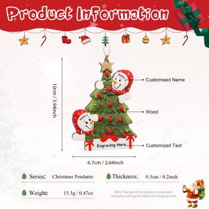Navidad-Ornamentos Navideños de Madera Árbol y muñecos de nieve 2 Nombres con Texto Personalizados