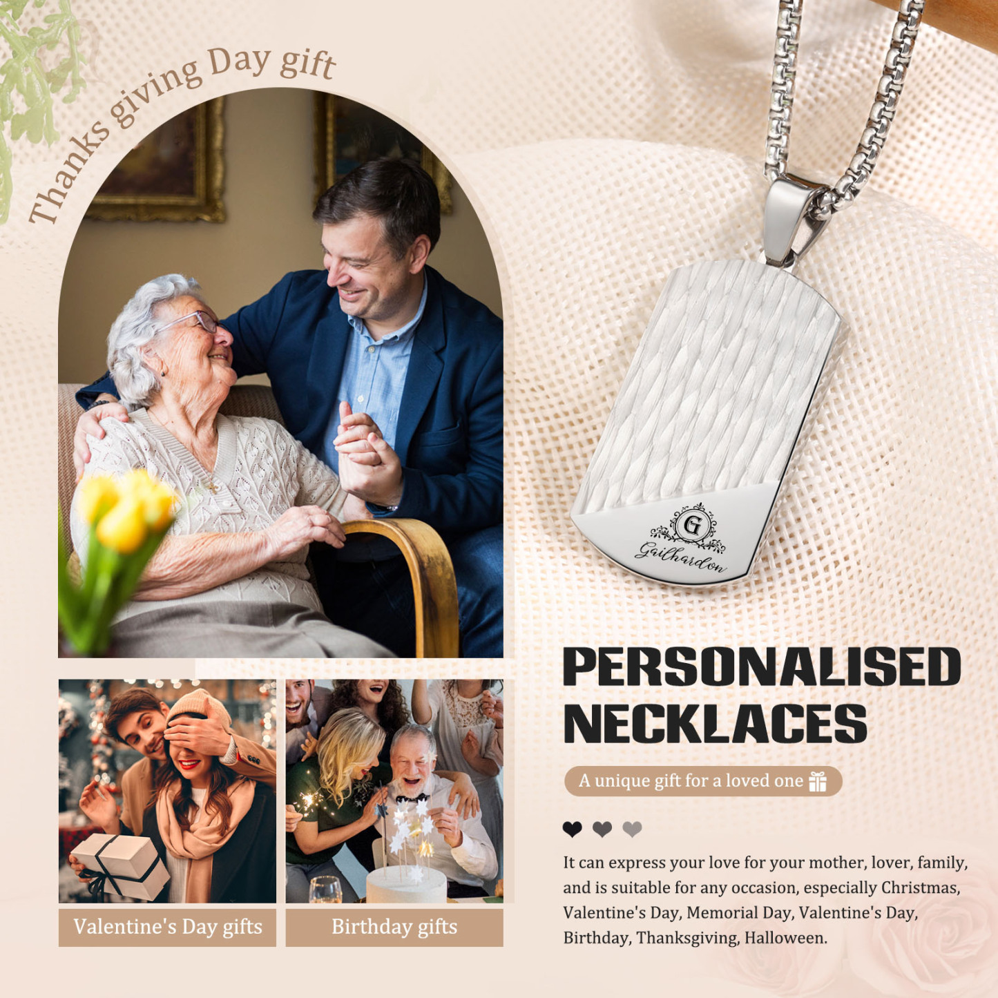 Collar de placa personalizado con 1 nombre, 1 letra y 1 texto en la trasera para hombre-Jessemade ES