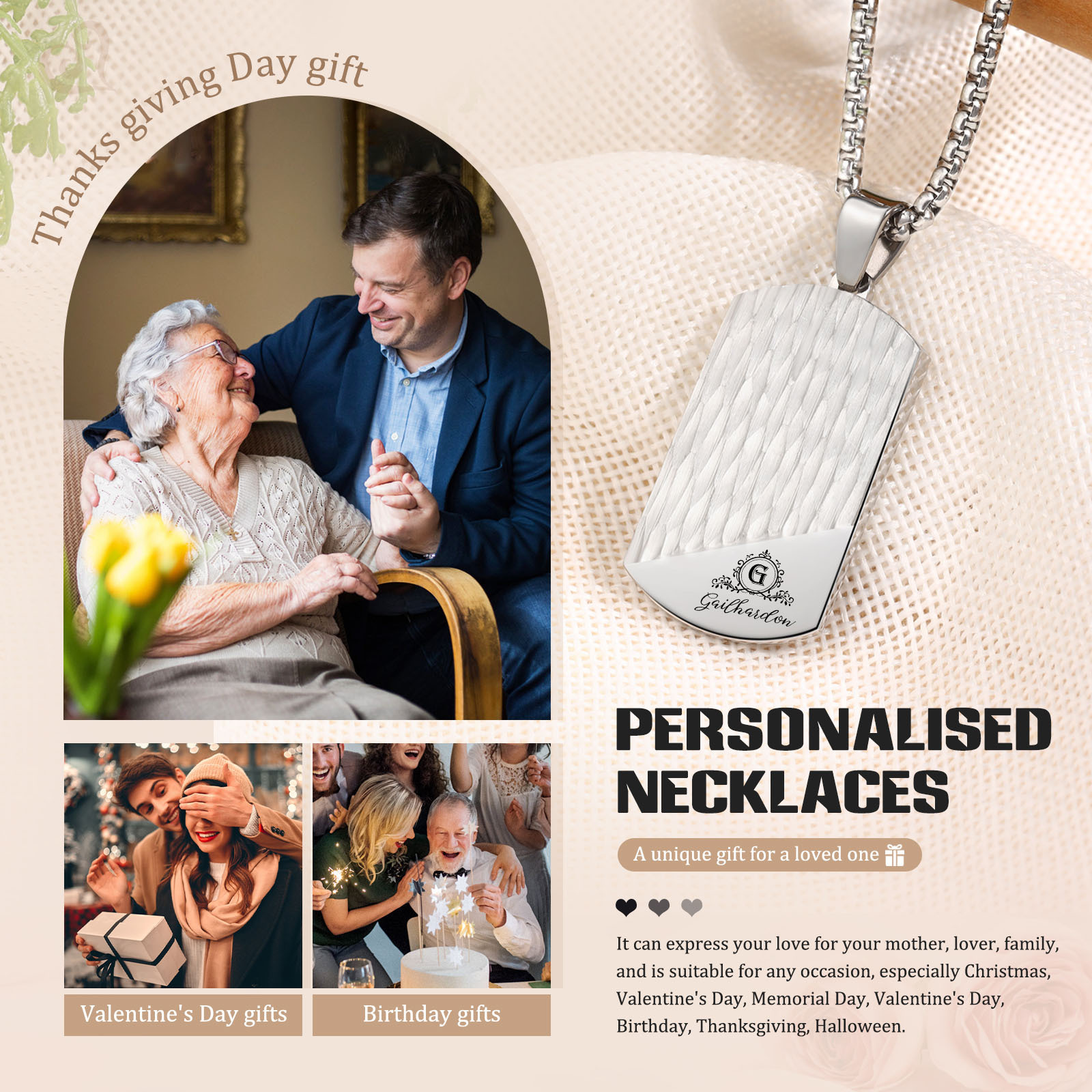 Collar de placa personalizado con 1 nombre, 1 letra y 1 texto en la trasera para hombre-Jessemade ES