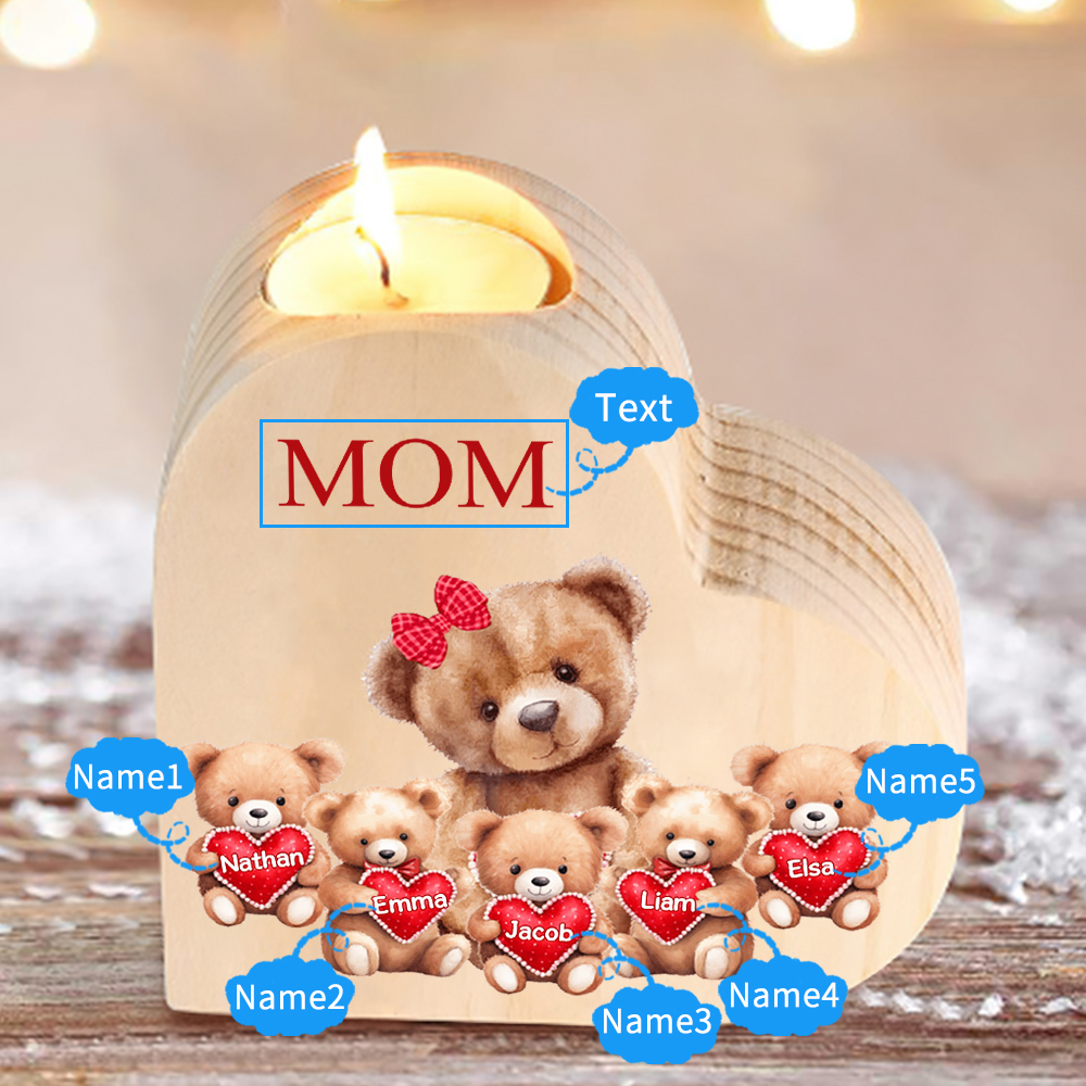 A mi mamá/abuela-Candelero osos 1-6 nombres y 1 texto personalizados en forma de corazón de madera sin candela-Jessemade ES