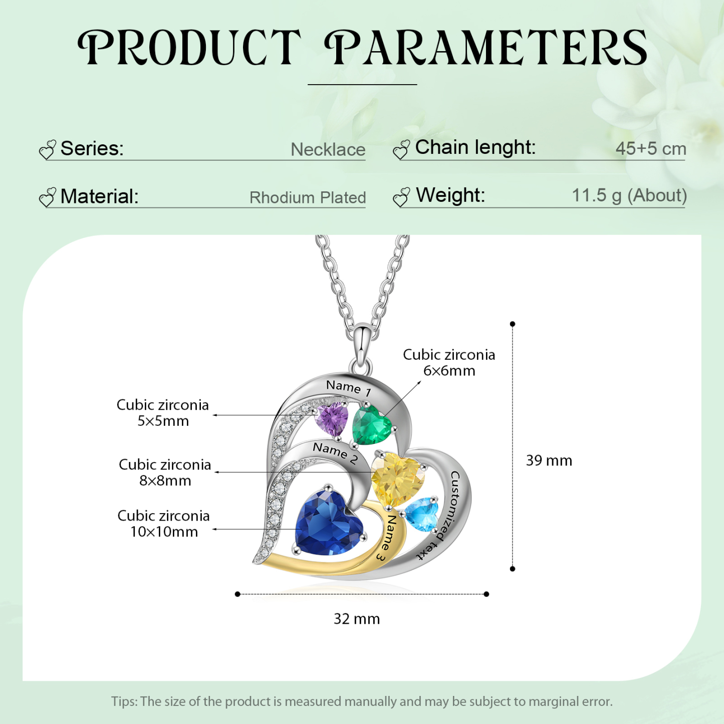 Collar corazón con 3 nombres, 1 texto y 5 piedras de nacimiento personalizados-Jessemade ES
