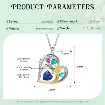 Collar corazón con 3 nombres, 1 texto y 5 piedras de nacimiento personalizados-Jessemade ES
