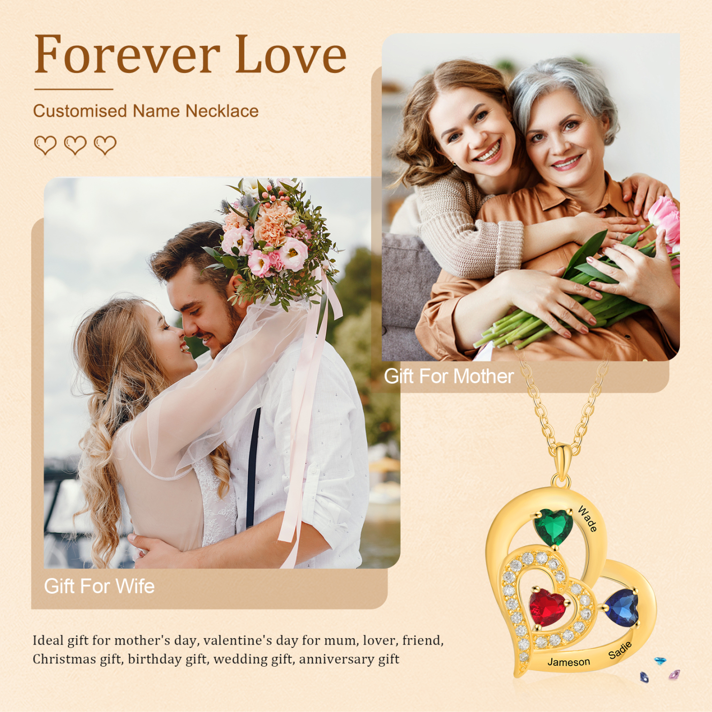 Collar corazón con 1-6 nombres personalizados y 1-6 piedras de nacimiento-Jessemade ES