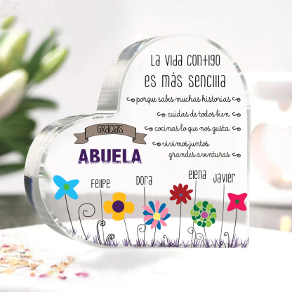 Abuela - Placa de acrílico en forma de corazón flores 1-5 nombres personalizados-Jessemade ES