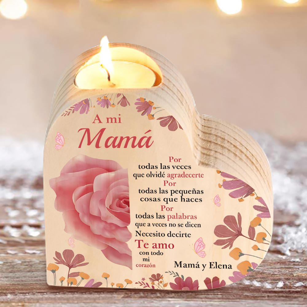 A mi mamá-Candelero con nombres personalizados en forma de corazón de madera sin candela-Jessemade ES