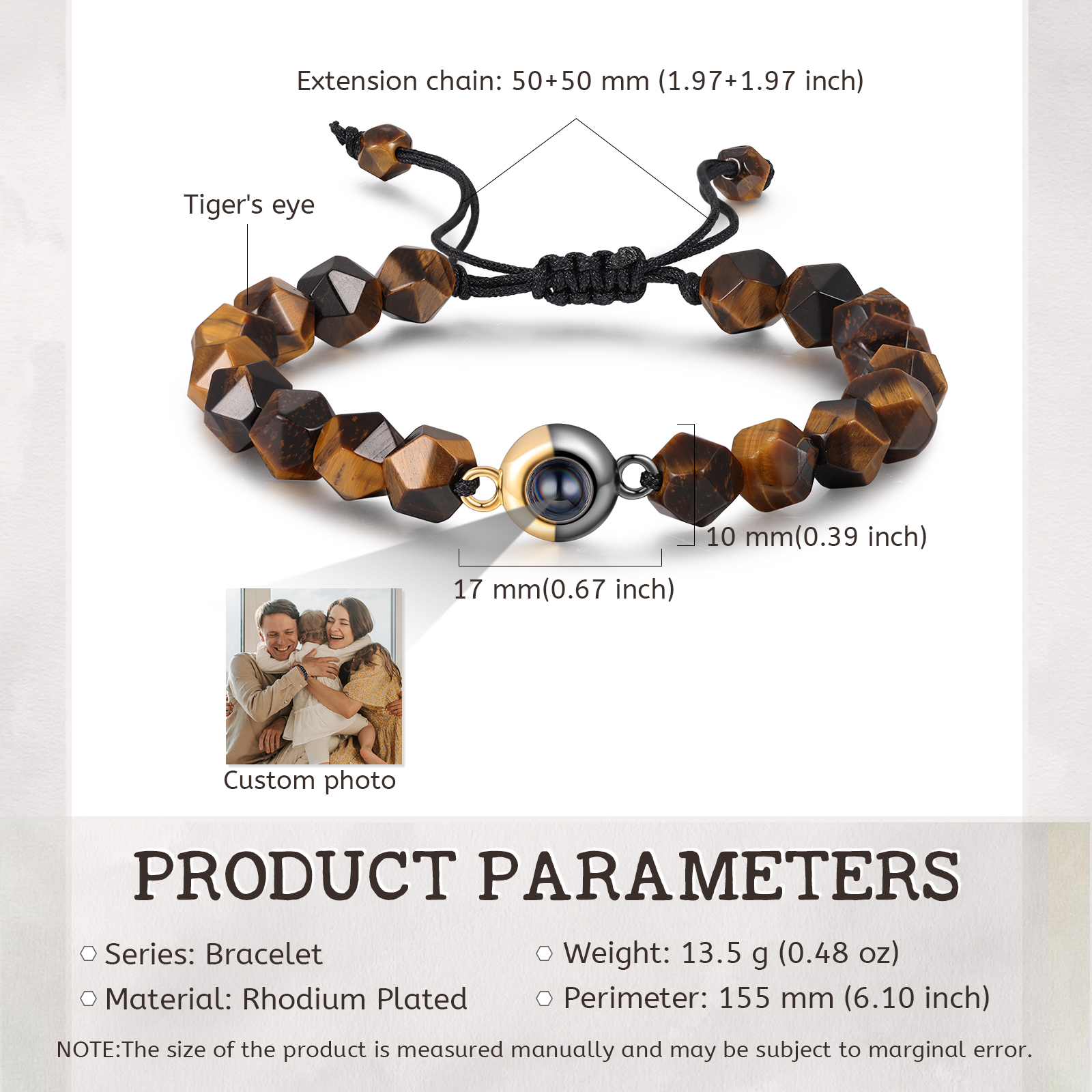 Pulsera de perlas rómbicas con proyección de foto en color para hombre-Jessemade ES