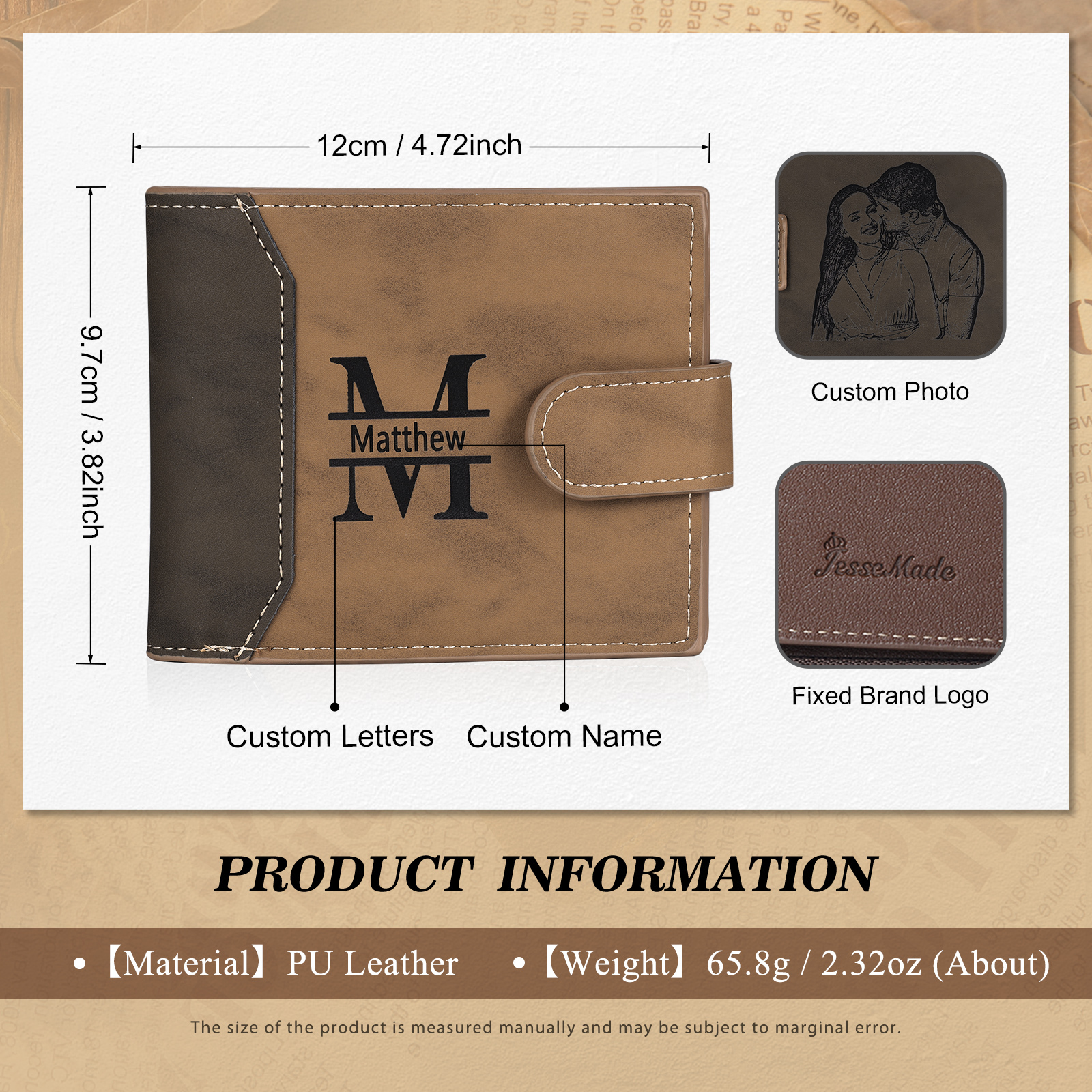 Cartera, billetera personalizada con 1 foto, 1 nombre y 1 letra monedero para hombre-Jessemade ES