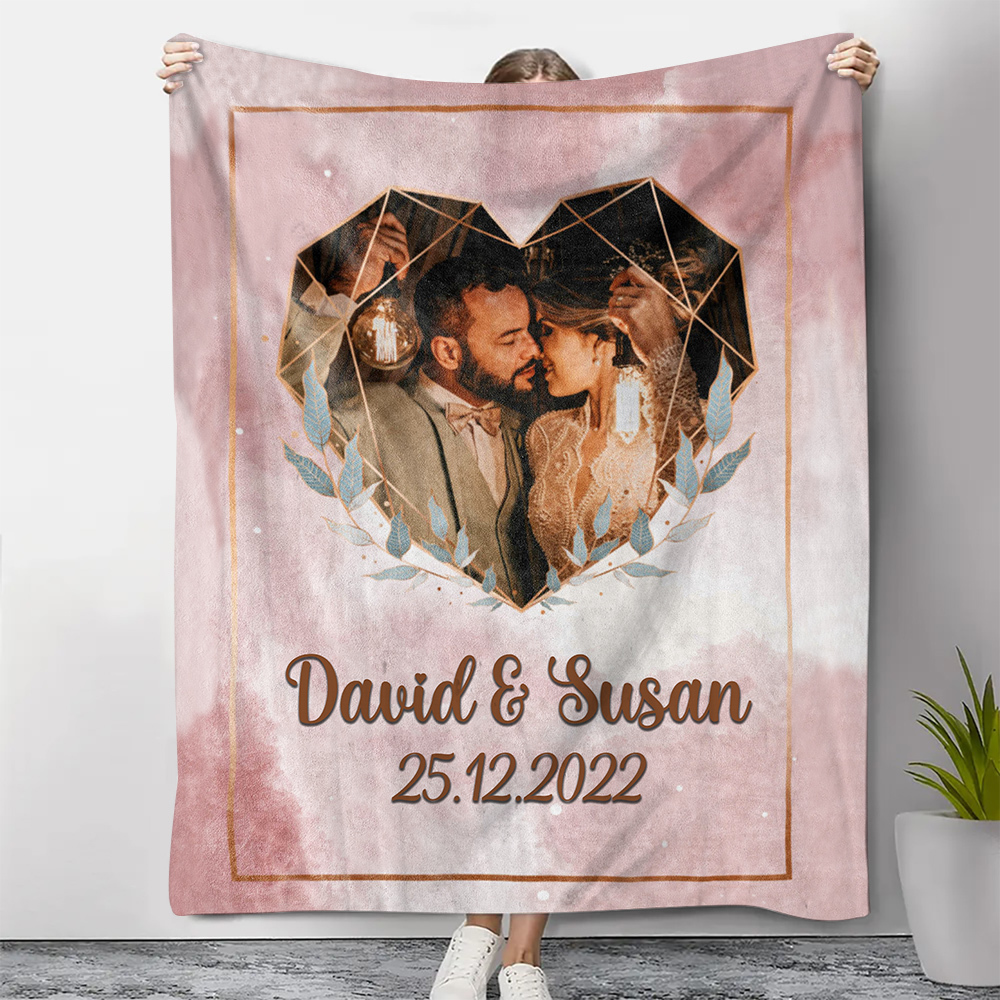 Pareja-Manta de buen calidad de corazón de foto personalizada con nombres y fecha-Jessemade ES