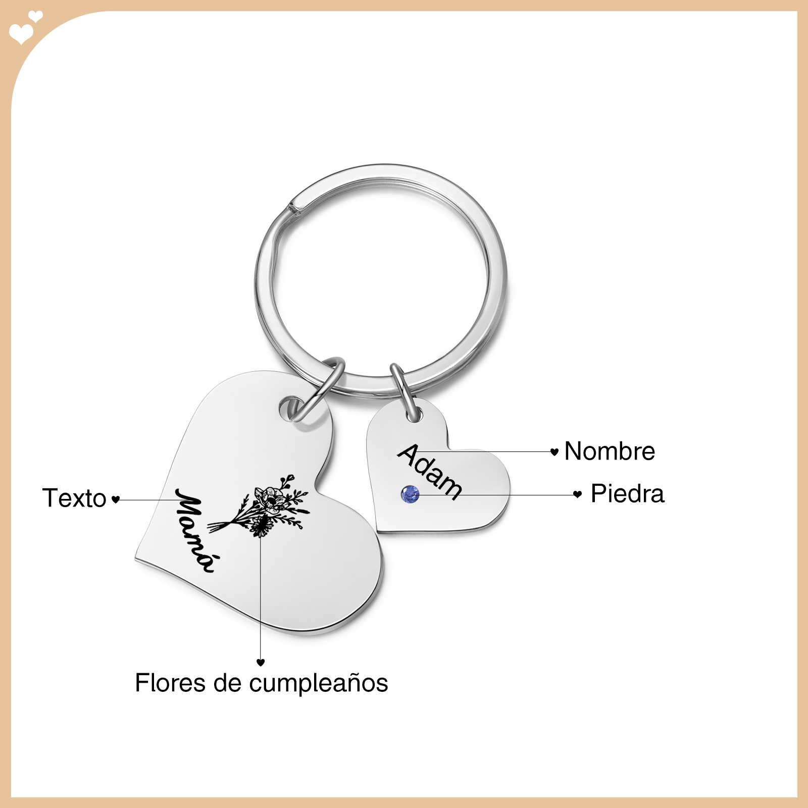 A mi mamá/abuela - Llavero con 1 nombre y piedra de nacimiento personalizados en corazón con texto y flor-Jessemade ES