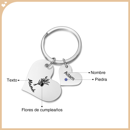 A mi mamá/abuela - Llavero con 1 nombre y piedra de nacimiento personalizados en corazón con texto y flor-Jessemade ES