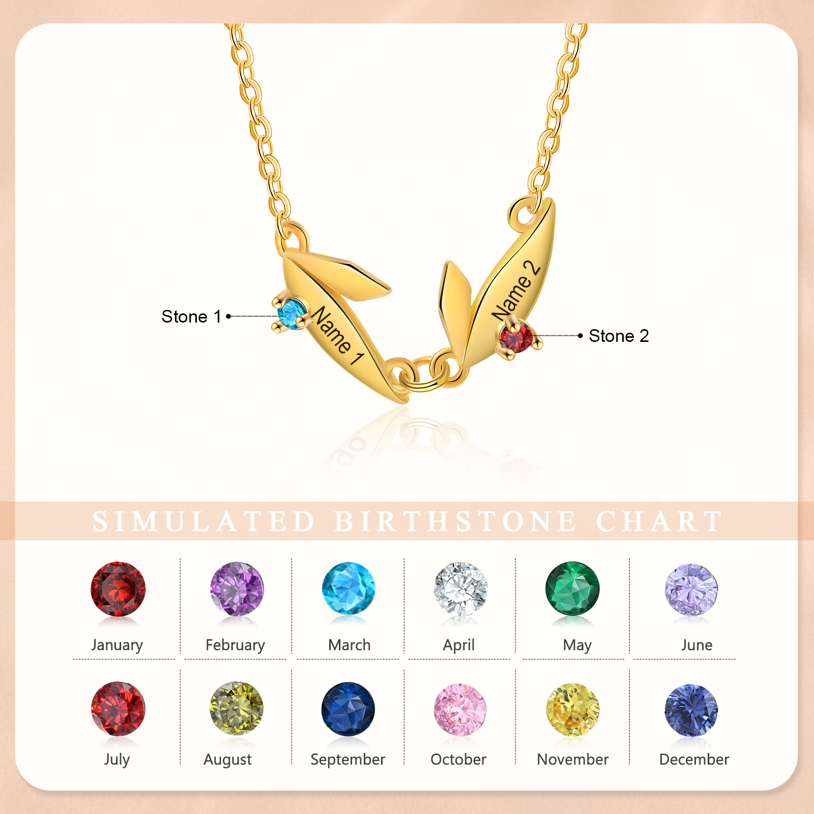 Collar con colgante de hojas con 2-6 nombres personalizados y 2-6 piedras de nacimiento-Jessemade ES