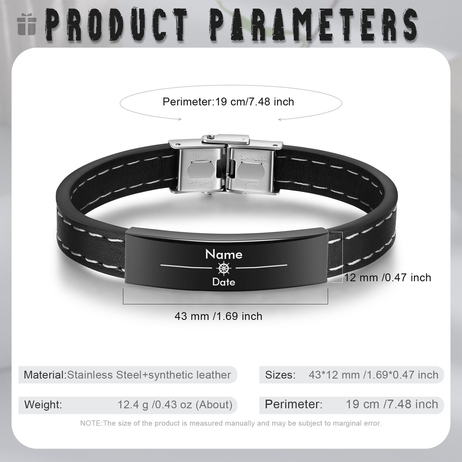 Pulsera de Cuero con Placa de Nombre y Fecha Personalizados -Jessemade ES
