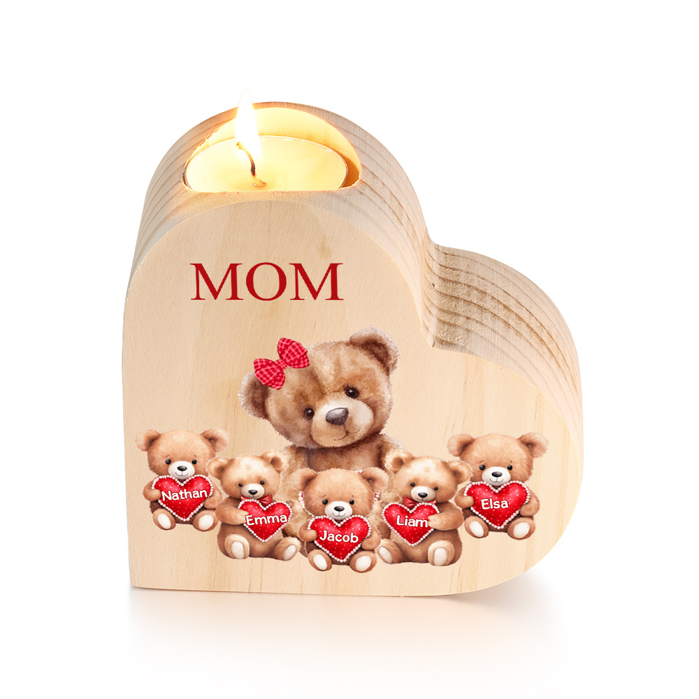A mi mamá/abuela-Candelero osos 1-6 nombres y 1 texto personalizados en forma de corazón de madera sin candela-Jessemade ES