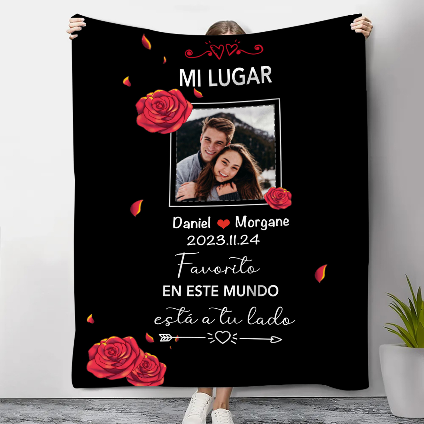 Pareja-Manta de buen calidad de foto personalizada con nombres y fecha-Jessemade ES