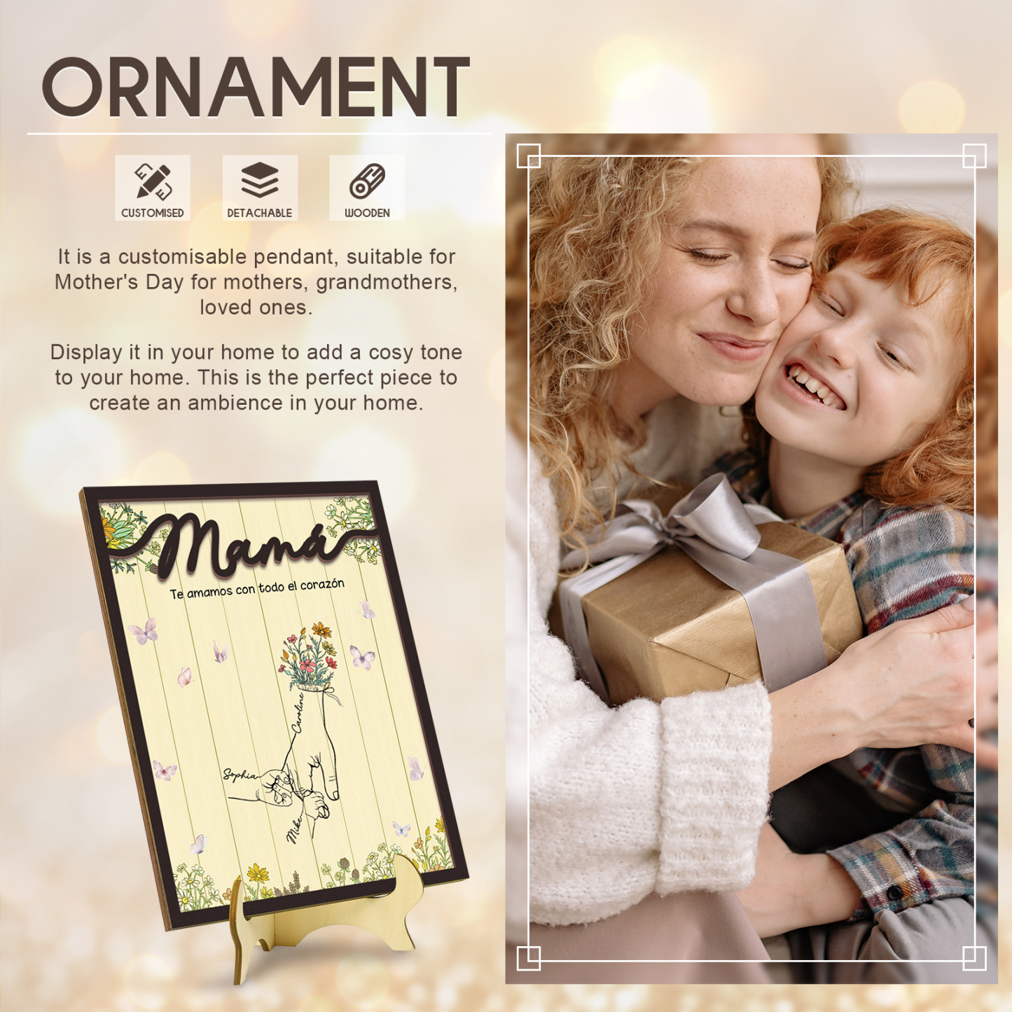 A mi mamá-Adorno 3-9 nombres personalizados decoración de madera mano con manitos-Jessemade ES