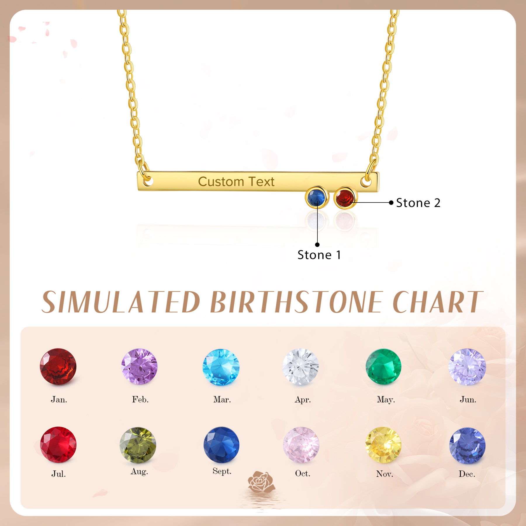 Collar con colgante de placa con 1-4 piedras de nacimiento personalizadas con texto-Jessemade ES