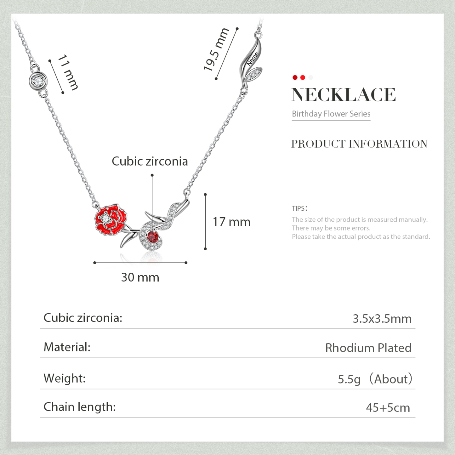 Collar de flor de enero clavel con nombre personalizado y piedra de nacimiento-Jessemade ES