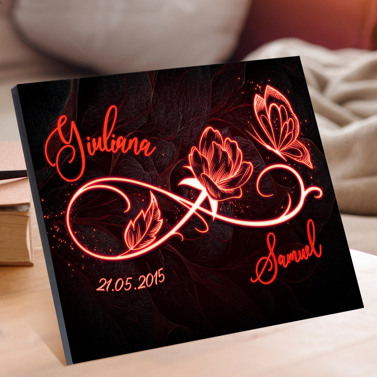 Lámina "nudo infinito de rosa" marco de madera para pareja 2 nombres personalizados con fecha-Jessemade ES