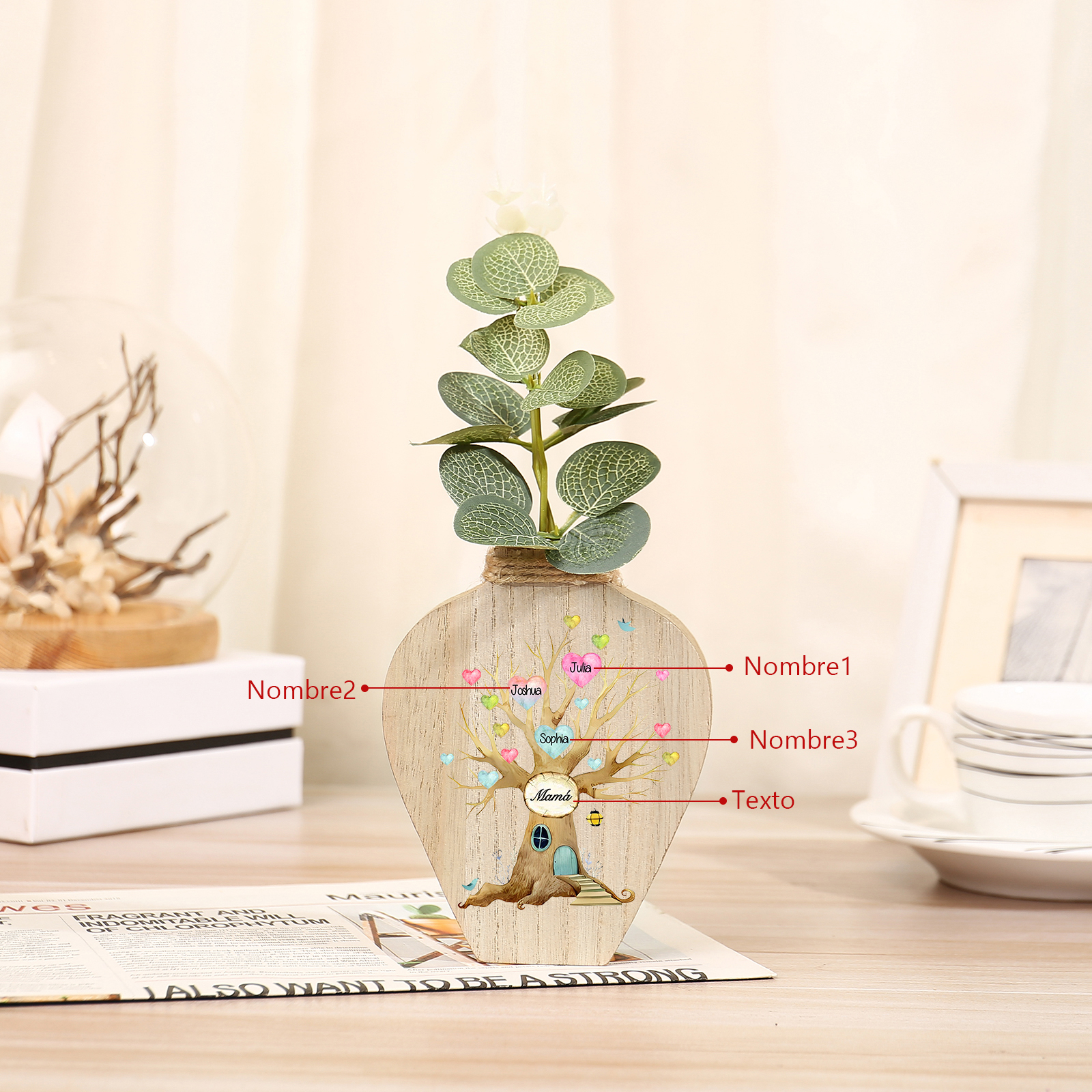 Florero de madera árbol de corazones 3 nombres personalizados con texto decoración del hogar-Jessemade ES