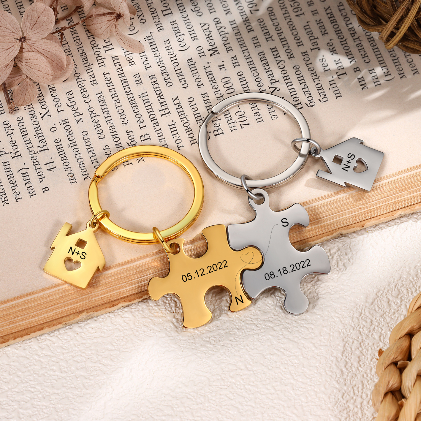 Llavero para pareja rompecabezas 2 letras personalizadas con fecha dije de casa-Jessemade ES