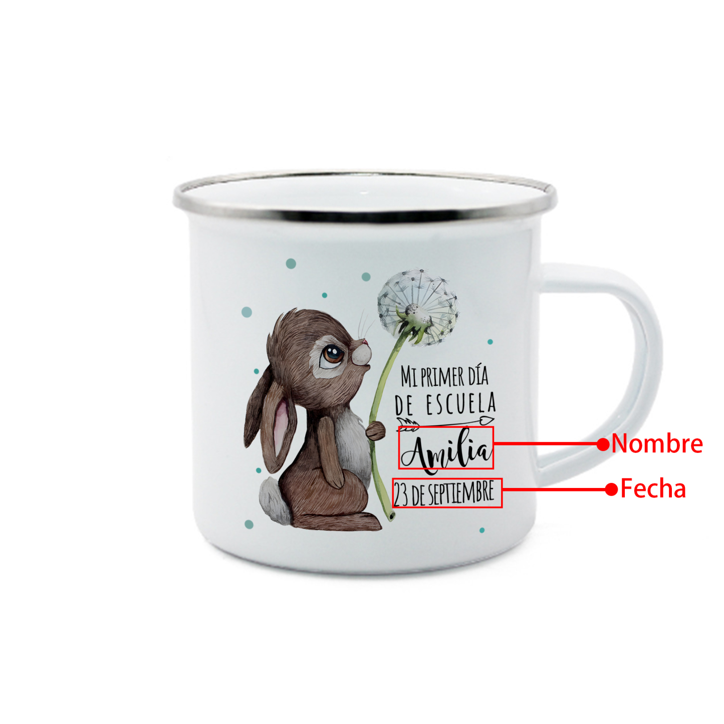 Vuelta al cole-Taza para niños "conejita" con 1 nombre y fecha personalizados