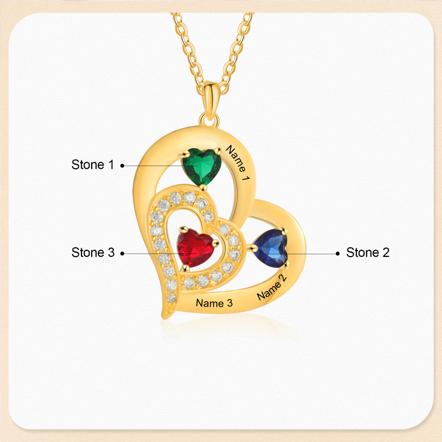Collar corazón con 1-6 nombres personalizados y 1-6 piedras de nacimiento-Jessemade ES