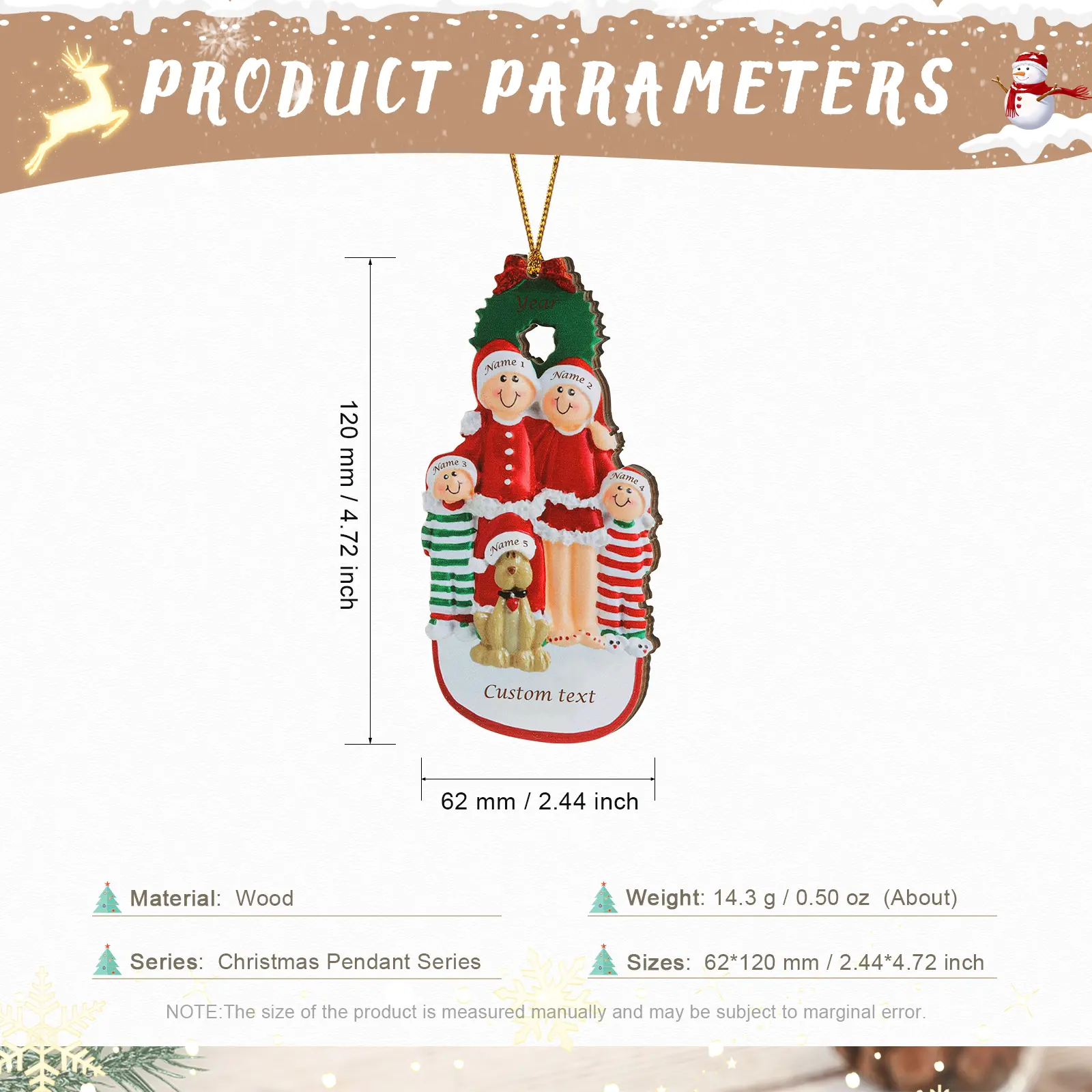 Navidad-Muñecos Ornamentos Navideños con Perro 5 Nombres y 1 Año con Texto Personalizados Adorno de Madera