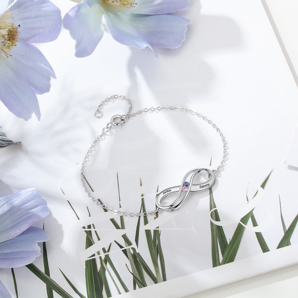 Pulsera infinito de Plata 925 ajustable 2 nombres y 2 piedras de nacimiento personalizados