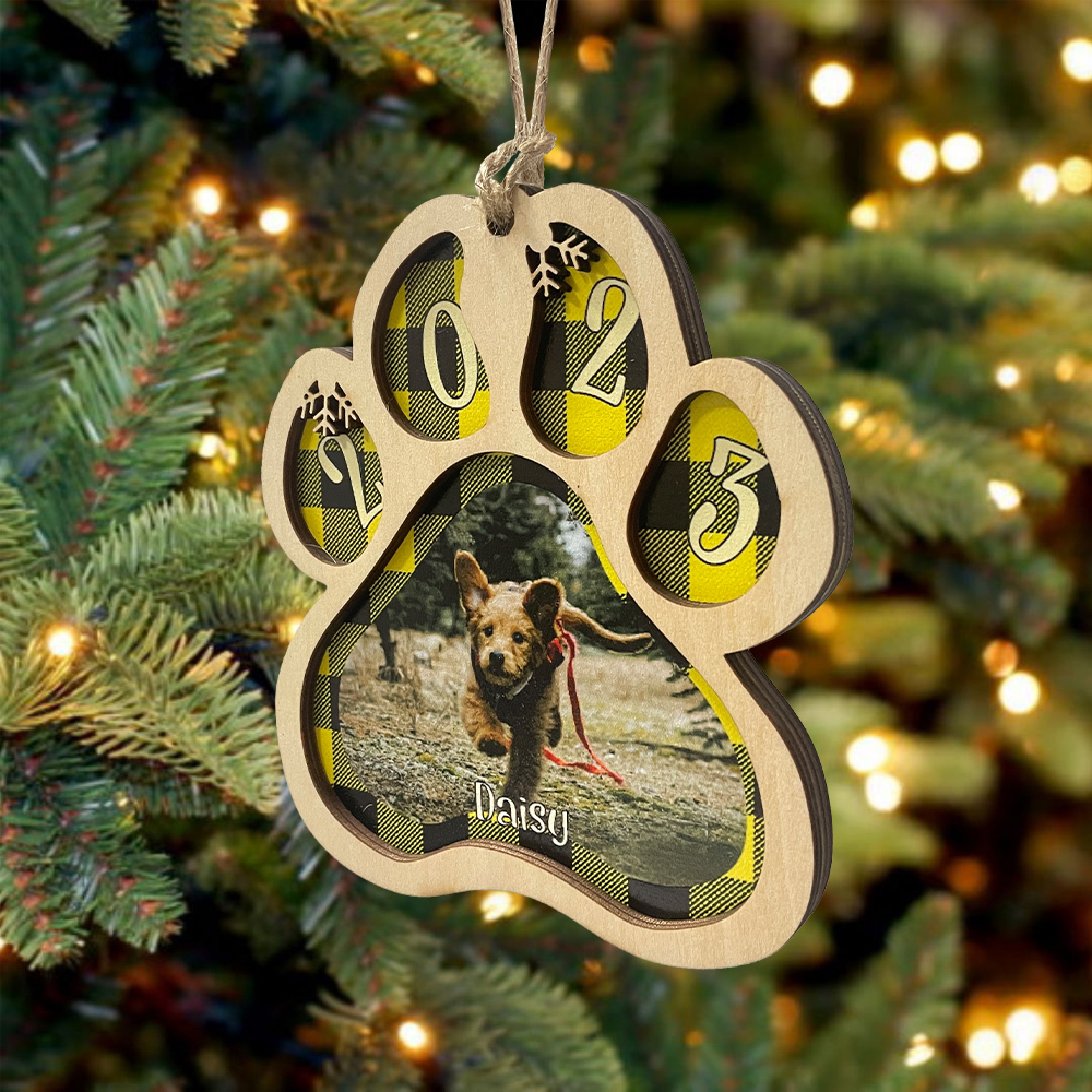 Navidad-Ornamento navideño de madera pata de perro con 1 nombre y 1 foto personalizados
