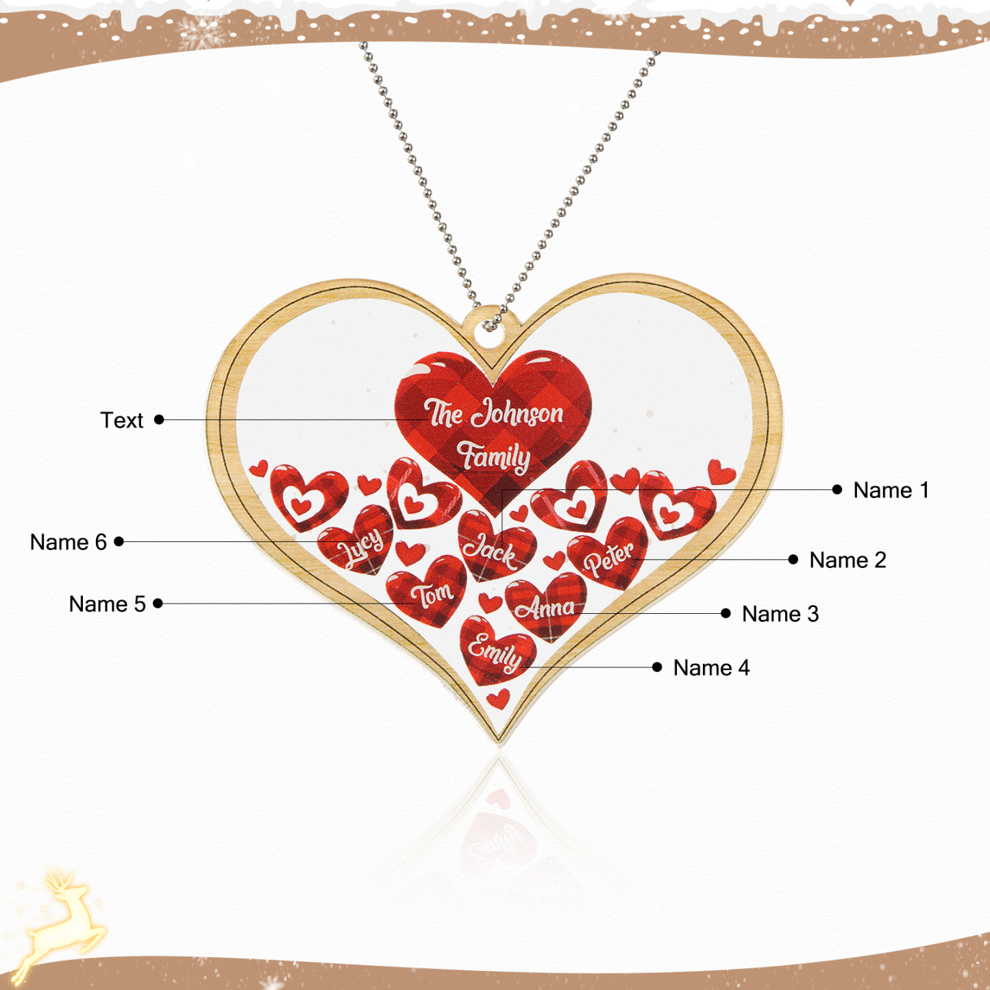 Navidad-Ornamento navideño de acrílico corazones con 6 nombres y 1 texto personalizados