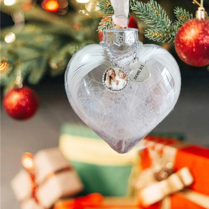 Bola navideña Adorno de Navidad 1 nombre y 1 foto personalizados en forma de corazón con pluma 