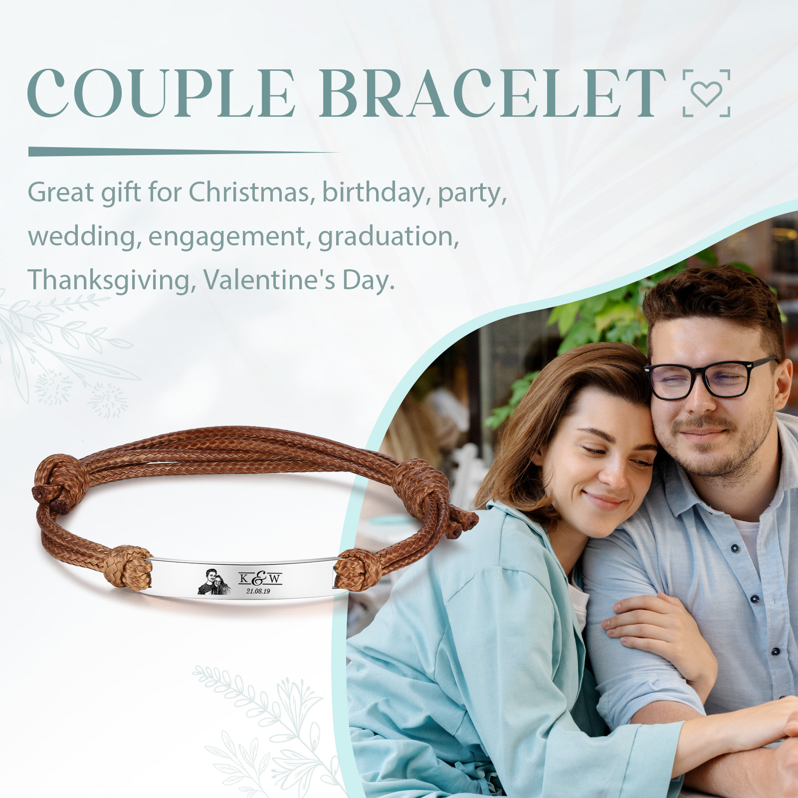 Pulseras de cuerda con placa personalizada con 2 letras, fecha y foto-Jessemade ES