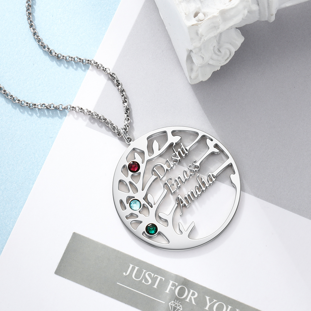 Collar de plata 925 Árbol de la Vida Árbol Genealógico 3 nombres y 3 piedras de nacimiento-Jessemade ES