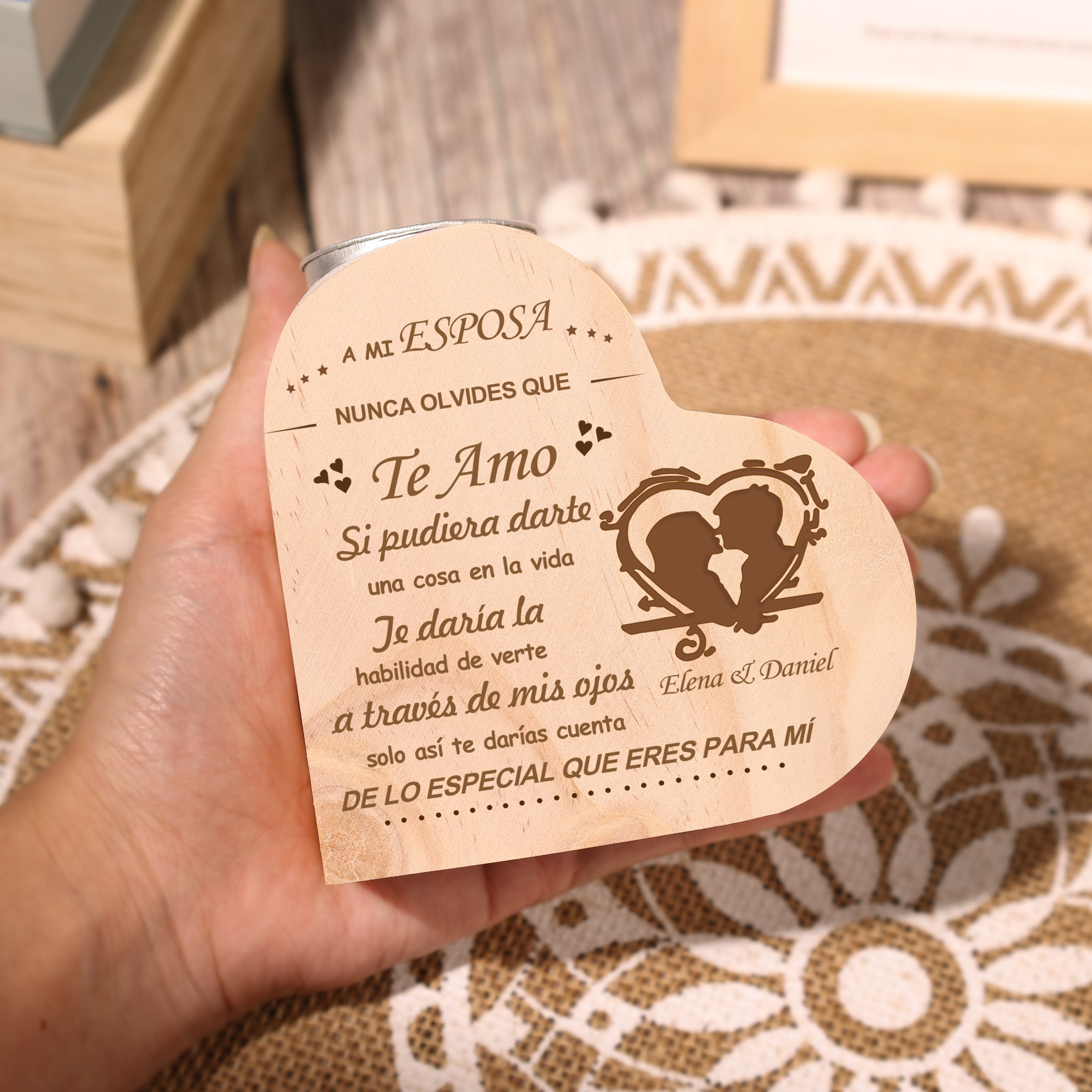 A mi esposa-Candelero de madera para pareja sin vela personalizado con 2 nombres-Jessemade ES