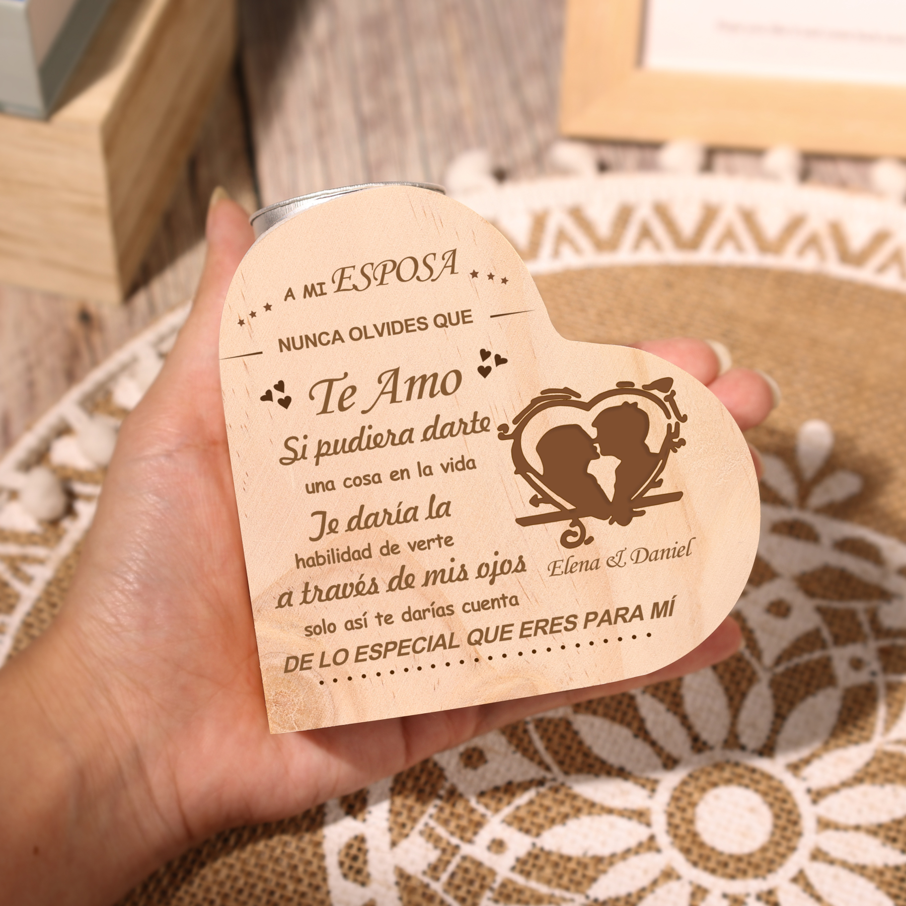 A mi esposa-Candelero de madera para pareja sin vela personalizado con 2 nombres-Jessemade ES