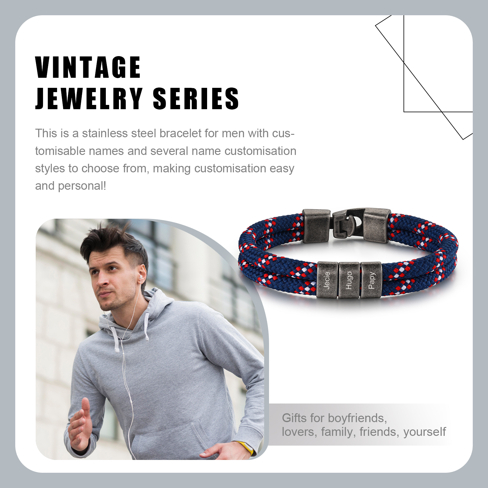 2-4 Nombres Personalizados Pulsera de Cuerda Azul Marino con Rojo y Blanco Aros de Acero Inoxidable-Jessemade ES