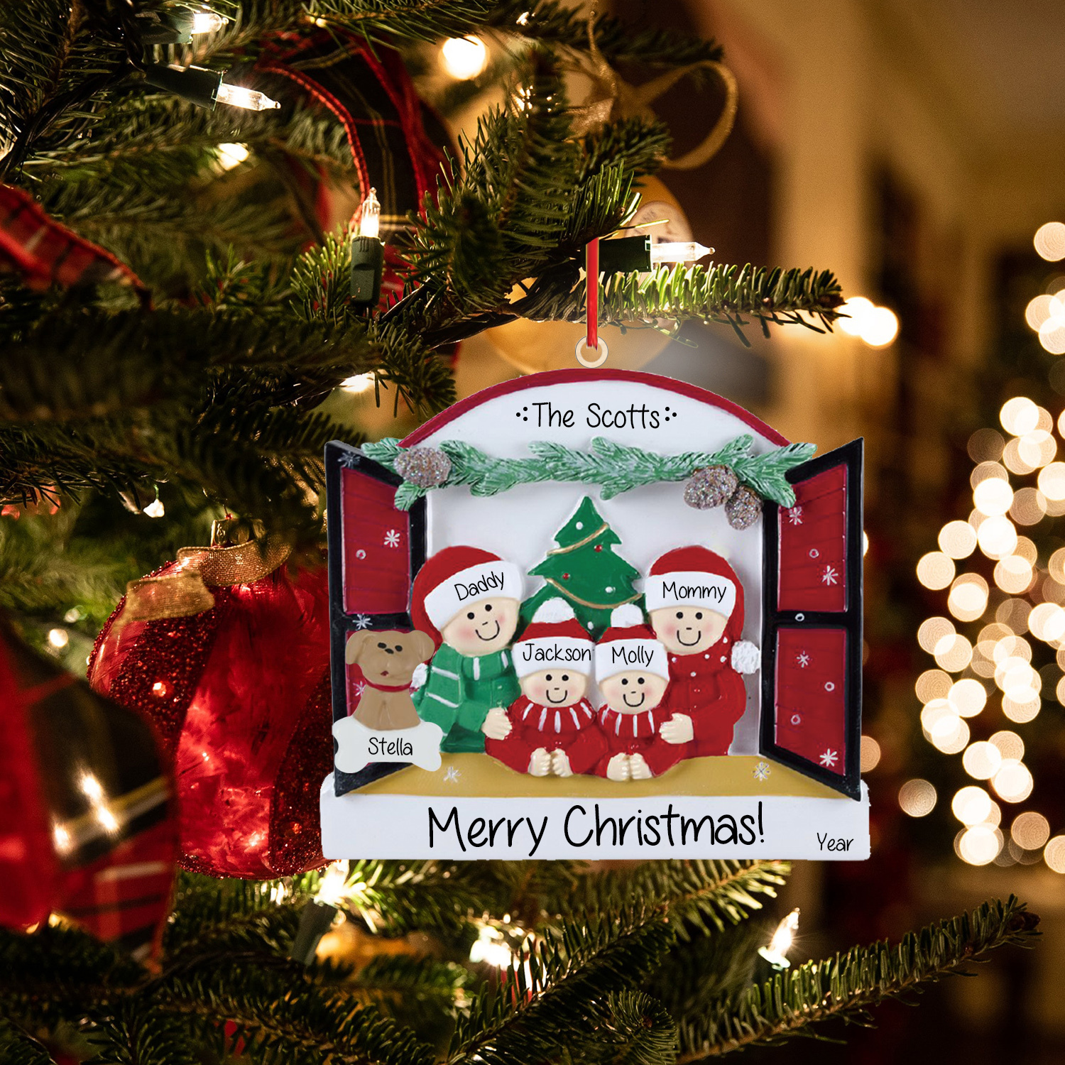 Navidad-Ornamentos Navideños de Madera Familia de 2-4 con Perro 3-5 Nombres Personalizados con 2 Textos y Año-Jessemade ES