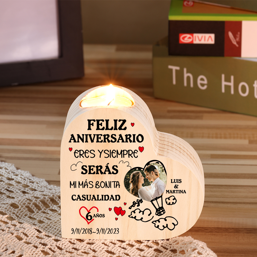 Aniversario-Candelero de madera para pareja con texto amoroso sin vela personalizado con nombres, fecha, foto y número-Jessemade ES
