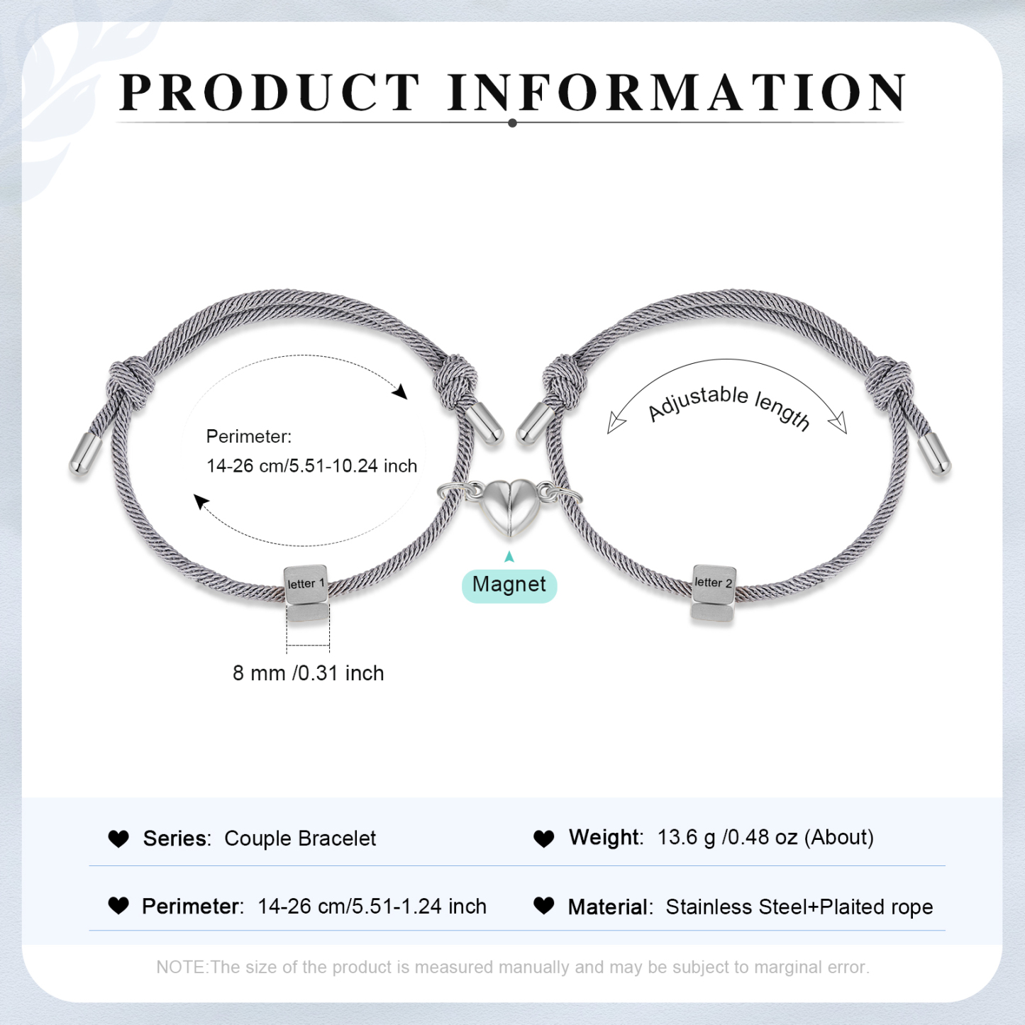 Pulseras de cuerda personalizadas para pareja con dije de corazón magnético grabado de dos letras-Jessemade ES